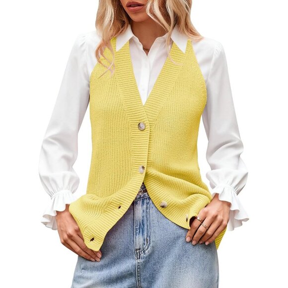 Women Sweater Vest Sleeveless Knit Tank Top Button V Neck Casual Size XL